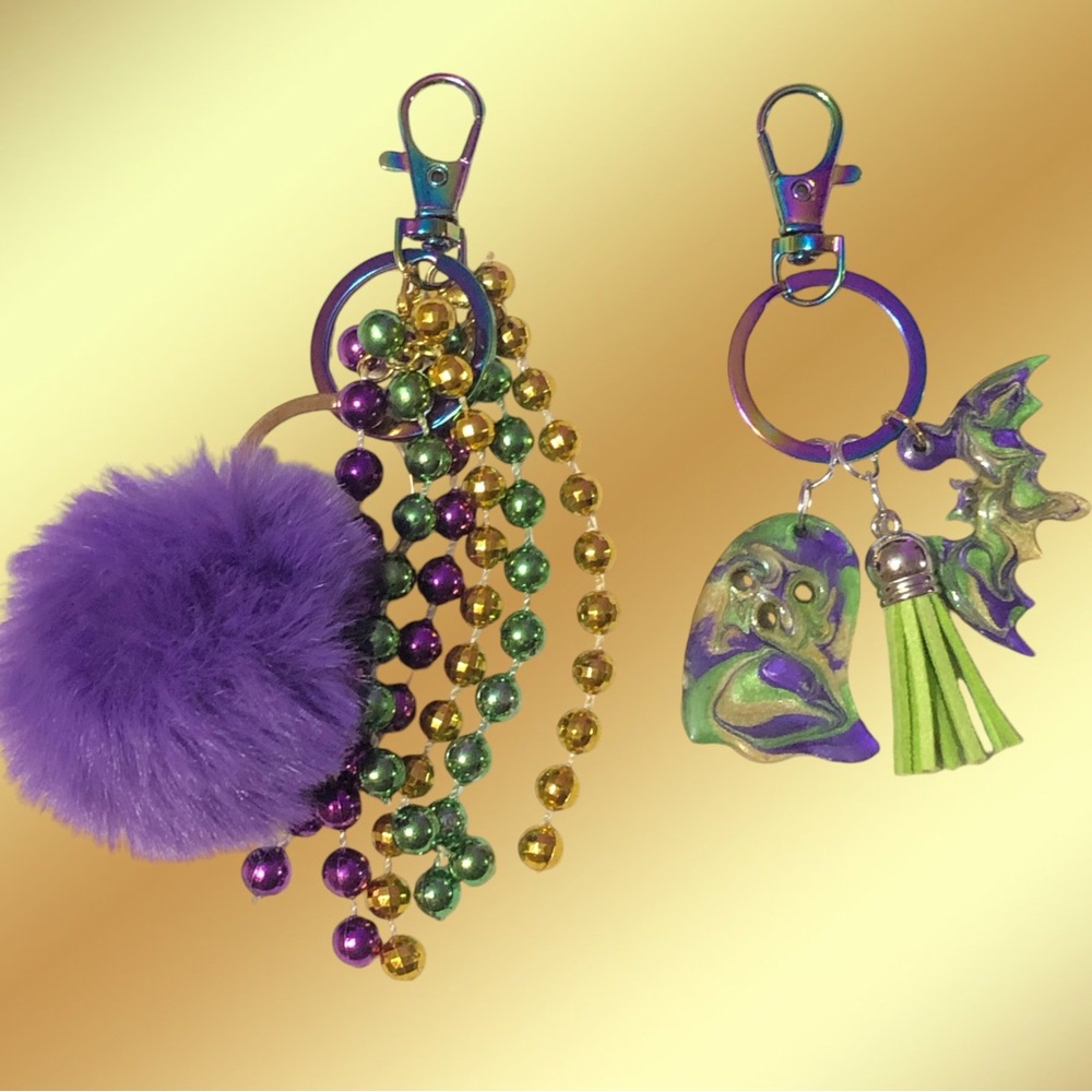 2 New Orleans Mardi Gras & Halloween Key Chains Bag Charms Purse Backpac…